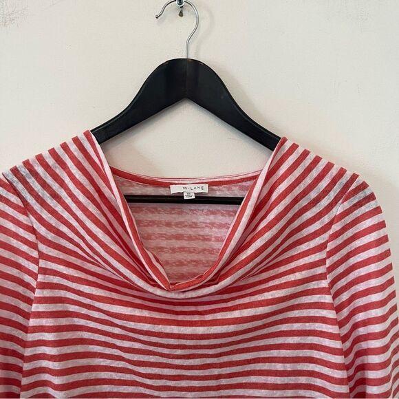 W. Lane Deep Orange White Stripe Linen 3/4 Sleeve Cowl Neck Shirt - Picture 13 of 13